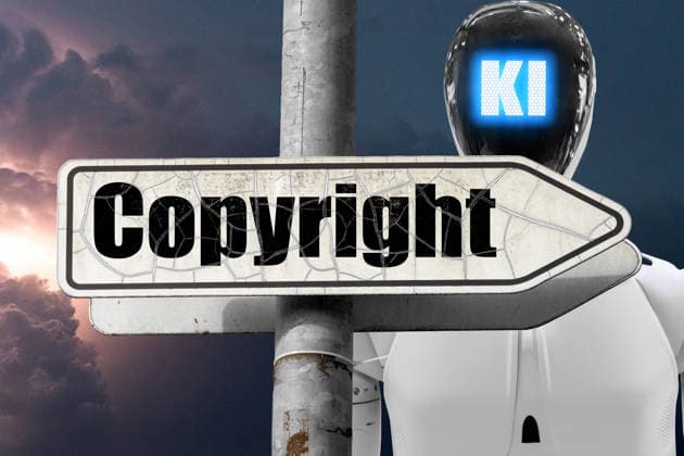 FOTOMONTAGE, Ein Wegweiser mit dem Begriff Copyright neben einer symbolischen KI-Figur steht für Debatten über Urheberrechte im Zeitalter künstlicher Intelligenz. KI kann Inhalte imitieren oder generieren und wirft neue Fragen zu Bildrechten und geistigem Eigentum auf.