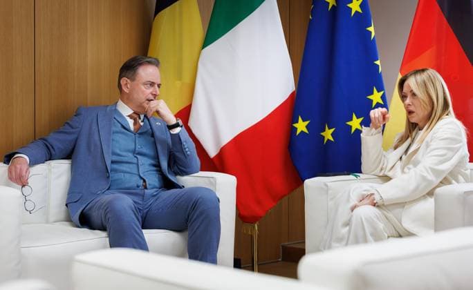 Belgian Prime Minister Bart De Wever and Italian Prime Minister Giorgia Meloni meet on the morning of a European council summit, Thursday 19 March 2026 in Brussels.  BENOITxDOPPAGNE 168134029