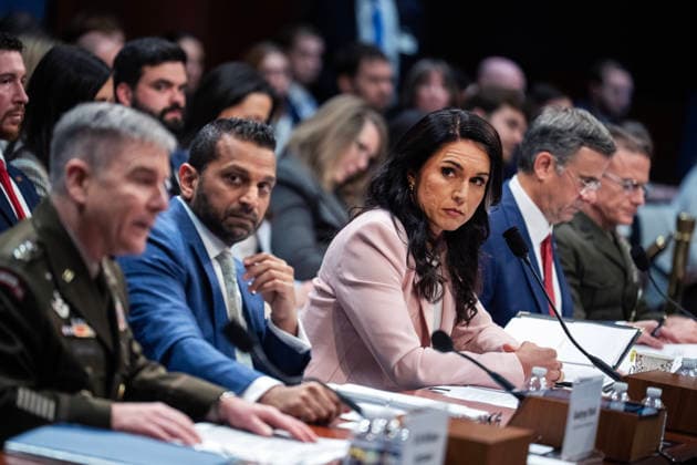 Worldwide Threats Assessment - House UNITED STATES - MARCH 19: From left, Lt. Gen. William J. Hartman, acting director, National Security Agency, FBI Director Kash Patel, Director of National Intelligence Tulsi Gabbard, CIA Director John Ratcliffe, and Lt. Gen. James H. Adams, director, Defense Intelligence Agency, testify during the House Select Intelligence Committee hearing titled Annual Worldwide Threats Assessment Hearing, in the Capitol Visitor Center on Thursday, March 19, 2026. (Tom Williams CQ Roll Call) Washington DC United States EDITORIAL USE ONLY Copyright: x2026xCQ-RollxCall,xInc.x TomxWilliamsx rollcallpix169852