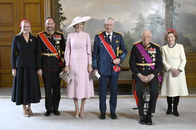 Official photo in the Birds Room of Princess Mette-Marit Tjessem HÂ¿iby, Prince Haakon of Norway, Queen Mathilde of Belgium, King Philippe of Belgium, King Harald of Norway and Queen Sonja of Norway pictured during the official state visit in Norway of the Belgian Sovereins on March 24, 2026 in Oslo, Norway, 24 03 2026, on the first day of the official state visit of the Belgian royal couple to Norway, on Tuesday 24 March 2026. Belgian monarchs are on an official state visit to Norway from 24 to 26 March 2026.  POOLxDIDIERxLEBRUN 168752037