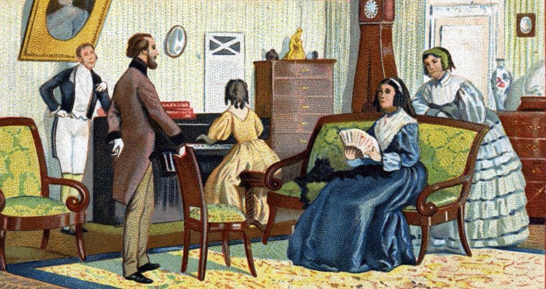 Alfred de Musset (1810-1857) at the home of George Sand (Aurore Dupin, Baroness Dudevant) (1804-1876). Chromolithograph, circa 1890. RECORD DATE NOT STATED