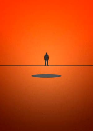 Silhouette of man alone by a hole on orange background illustration, MBRF00374