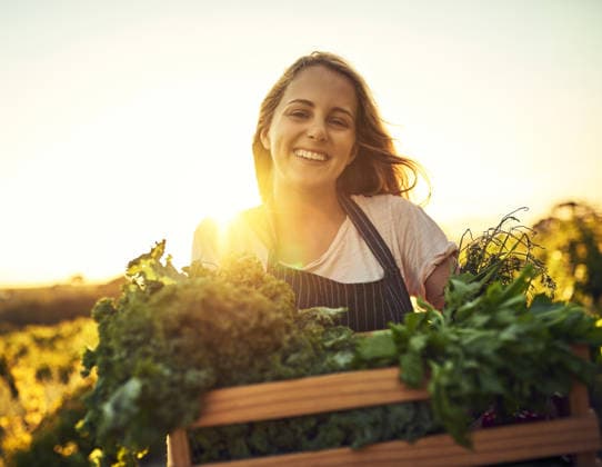 Nothing but the organic on my farm. a young woman holding a crate full of freshly picked produce on a farm (License=RF) ,model released, Symbolfoto  Copyright: xZoonar.com KasperxRavlox 19003378 ,model released, Symbolfoto ,property released