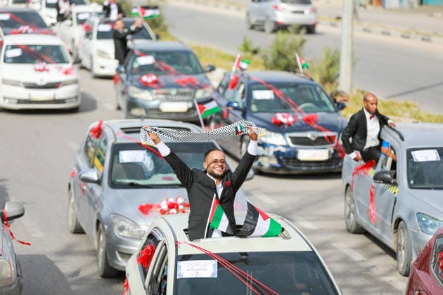 150 couples got married in a mass wedding ceremony in Deir al-Balah DEIR AL-BALAH, GAZA, PALESTINE - APRIL 24: A long wedding convoy forms during the mass wedding ceremony organized by the United Arab Emirates under the ‘Al-Fares Al-Shahem’ initiative where 150 Palestinian couples got married in Deir al-Balah, Gaza, Palestine, on April 24, 2026. Adam Bilal Anadolu Deir al-Balah Gaza. Editorial use only. Please get in touch for any other usage.  Copyright: x2026xAnadoluxAdamxBilalx