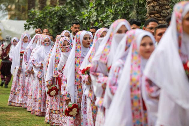 150 couples got married in a mass wedding ceremony in Deir al-Balah DEIR AL-BALAH, GAZA, PALESTINE - APRIL 24: Couples are seen as mass wedding ceremony organized by the United Arab Emirates under the ‘Al-Fares Al-Shahem’ initiative where 150 Palestinian couples got married in Deir al-Balah, Gaza, Palestine, on April 24, 2026. Adam Bilal Anadolu Deir al-Balah Gaza. Editorial use only. Please get in touch for any other usage.  Copyright: x2026xAnadoluxAdamxBilalx