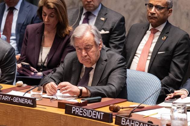 April 27, 2026, Bronx, New York, USA: Secretary-General Antonio Guterres participates Security Council meeting on Maritime Security at UN Headquarters in New York, NY on April 27, 2026 as Iran closed down Strait of Hormuz following conflict with USA and Israel. About 20% of world supply of oil going to markets through the strait. Bronx USA - ZUMAr339 20260427_znp_r339_025 Copyright: xLevxRadinx