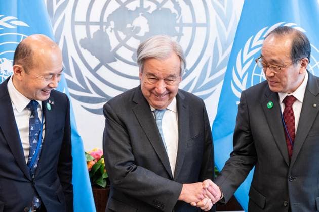 April 28, 2026, Bronx, New York, USA: Secretary-General meets with the Mayors for Peace Delegation Kazumi Matsui of Hiroshima and Shiro Suzuki of Nagasaki at UN Headquarters in New York, NY on April 28, 2026. Bronx USA - ZUMAr339 20260428_znp_r339_063 Copyright: xLevxRadinx