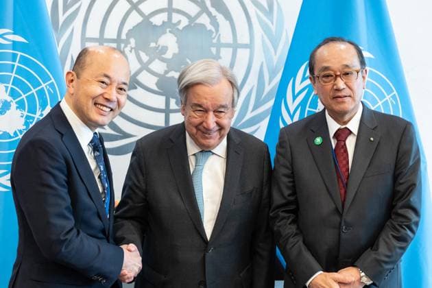 April 28, 2026, Bronx, New York, USA: Secretary-General meets with the Mayors for Peace Delegation Kazumi Matsui of Hiroshima and Shiro Suzuki of Nagasaki at UN Headquarters in New York, NY on April 28, 2026. Bronx USA - ZUMAr339 20260428_znp_r339_069 Copyright: xLevxRadinx