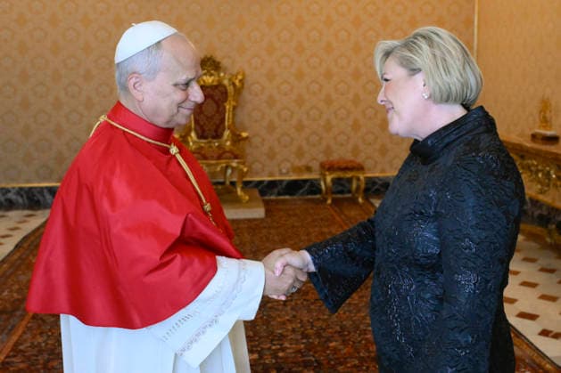 ITALY - POPE LEO XIV RECEIVES IN PRIVATE AUDIENCE H.E. MS HALLA TOMASDOTTIR AT THE VATICAN - 2026 5 4 Italy, Rome, Vatican, 2026 5 4 . Pope Leo XIV receives in a private audience H.E. Ms. Halla Tomasdottir, President of Iceland at Vatican. EDITORIAL USE ONLY - NO BOOKS Copyright: xVATICANxMEDIAx