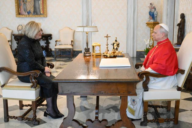 ITALY - POPE LEO XIV RECEIVES IN PRIVATE AUDIENCE H.E. MS HALLA TOMASDOTTIR AT THE VATICAN - 2026 5 4 Italy, Rome, Vatican, 2026 5 4 . Pope Leo XIV receives in a private audience H.E. Ms. Halla Tomasdottir, President of Iceland at Vatican. EDITORIAL USE ONLY - NO BOOKS Copyright: xVATICANxMEDIAx