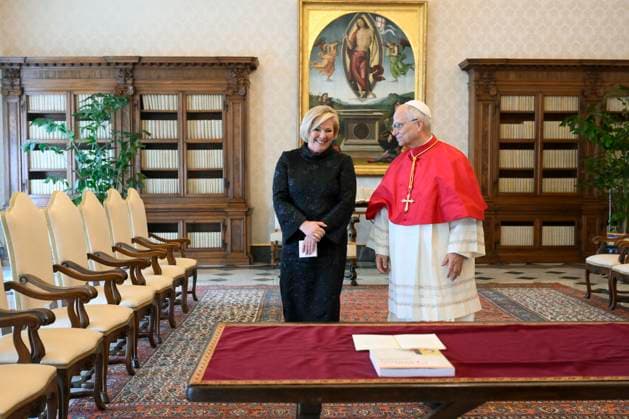 ITALY - POPE LEO XIV RECEIVES IN PRIVATE AUDIENCE H.E. MS HALLA TOMASDOTTIR AT THE VATICAN - 2026 5 4 Italy, Rome, Vatican, 2026 5 4 . Pope Leo XIV receives in a private audience H.E. Ms. Halla Tomasdottir, President of Iceland at Vatican. EDITORIAL USE ONLY - NO BOOKS Copyright: xVATICANxMEDIAx