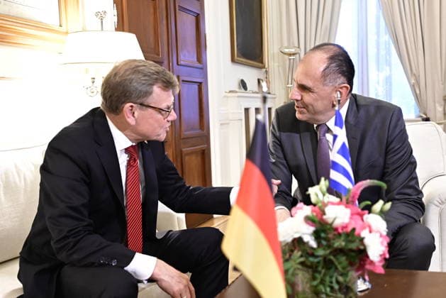 German Foreign Minister Wadephul visits Athens -Greek Foreign Minister Giorgos Gerapetritis (R) talks with the Foreign Minister of Germany Johann Wadephul (L) in Athens, Greece, 04 May 2026. IMAGO ONE INCH PRODUCTIONS ATHENS Greece Copyright: xOnexInchxProductionsx 6958199