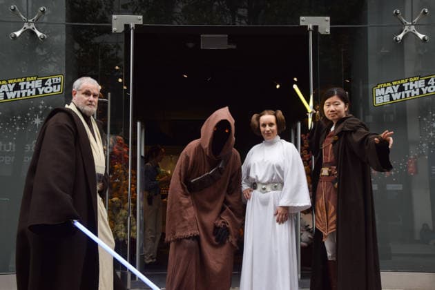 May 4, 2026, London, England, United Kingdom: Performers wearing Jedi, Princess Leia and Jawa costumes stand outside the Disney store on Oxford Street on Star Wars Day. The beloved sci-fi franchise is celebrated each year on May 4th, a pun on the famous phrase May The Force Be With You. London United Kingdom - ZUMAv130 20260504_zip_v130_002 Copyright: xVukxValcicx