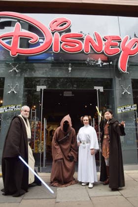 May 4, 2026, London, England, United Kingdom: Performers wearing Jedi, Princess Leia and Jawa costumes stand outside the Disney store on Oxford Street on Star Wars Day. The beloved sci-fi franchise is celebrated each year on May 4th, a pun on the famous phrase May The Force Be With You. London United Kingdom - ZUMAv130 20260504_zip_v130_014 Copyright: xVukxValcicx
