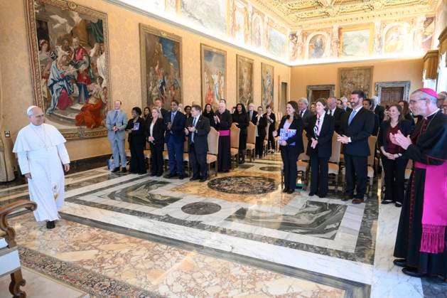 ITALY - POPE LEO XIV RECEIVES IN PRIVATE AUDIENCE DELEGATION FROM THE CATHOLIC CHARITIES NETWORK AT THE VATICAN - 2026 5 4 Italy, Rome, Vatican, 2026 5 4 . Pope Leo XIV receives in a private audience Delegation from the Catholic Charities Network at Vatican. EDITORIAL USE ONLY - NO BOOKS Copyright: xVATICANxMEDIAx