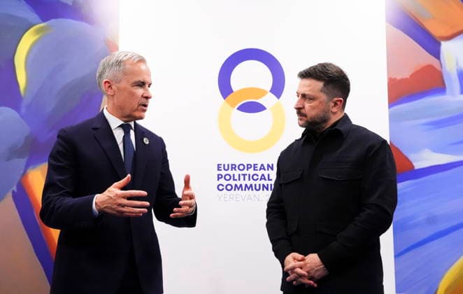 May 4, 2026, Yerevan, Armenia: Prime Minister Mark Carney meets with the President of Ukraine Volodymyr Zelenskyy during the 8th European Political Community Summit in Yerevan, Armenia on Monday, May 4, 2026. Yerevan Armenia  - ZUMAc35_ 20260504_zaf_c35_058 Copyright: xSeanxKilpatrickx
