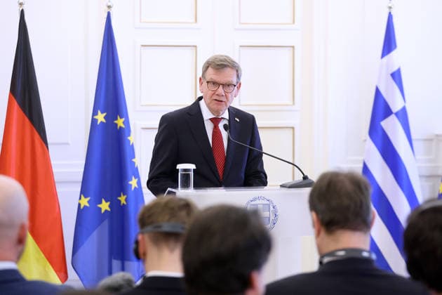 George Gerapetritis-Johann Wadephul meeting in Athens ATHENS, GREECE - MAY 04: Greek Foreign Minister George Gerapetritis and his German counterpart Johann Wadephul, hold a joint press conference at the Foreign Ministry in Athens, Greece, on May 4, 2026. Costas Baltas Anadolu Athens Greece. Editorial use only. Please get in touch for any other usage.  Copyright: x2026xAnadoluxCostasxBaltasx