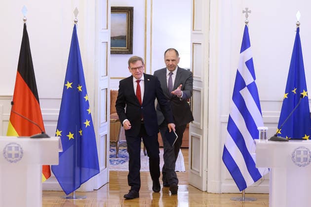 George Gerapetritis-Johann Wadephul meeting in Athens ATHENS, GREECE - MAY 04: Greek Foreign Minister George Gerapetritis and his German counterpart Johann Wadephul, hold a joint press conference at the Foreign Ministry in Athens, Greece, on May 4, 2026. Costas Baltas Anadolu Athens Greece. Editorial use only. Please get in touch for any other usage.  Copyright: x2026xAnadoluxCostasxBaltasx