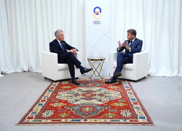 May 4, 2026, Yerevan, Armenia: Prime Minister Mark Carney, left, meets with French President Emmanuel Macron during the 8th European Political Community Summit in Yerevan, Armenia on Monday, May 4, 2026. Yerevan Armenia  - ZUMAc35_ 20260504_zaf_c35_081 Copyright: xSeanxKilpatrickx