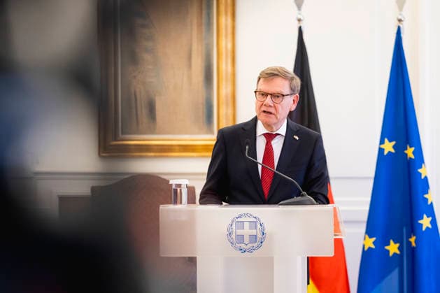 Johann Wadephul (CDU), Bundesaussenminister, aufgenommen im Rahmen einer Pressekonferenz in Athen, 04.05.2026. Fotografiert im Auftrag des Auswaertigen Amtes Athen Griechenland Copyright: xJulianexSonntag AAx
