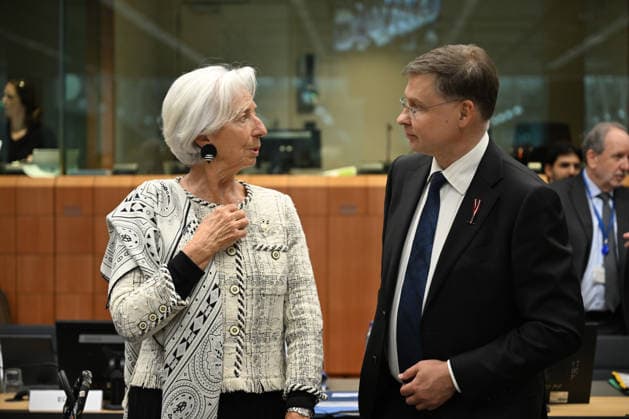 Eurozone Finance Ministers Meeting BRUSSELS, BELGIUM - MAY 4: President of the European Central Bank, Christine Lagarde (L) and European Commission Executive Vice President, Valdis Dombrovskis (R) attend the Eurozone Finance Ministers Meeting in Brussels, Belgium, on May 4, 2026. Dursun Aydemir Anadolu Brussels Belgium. Editorial use only. Please get in touch for any other usage.  Copyright: x2026xAnadoluxDursunxAydemirx
