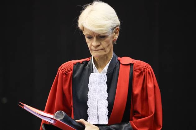 Court chairwoman Martine Baes pictured during the second day of the trial of P. and A. Falzone, at the Court of Appeal of Mons, on Tuesday 05 May 2026. The trial of the two men concerns the 2022 tragedy in Strepy-Bracquegnies, where a car plowed into a carnival parade around 5:00. Six people died at the scene, and a seventh months later in the hospital. P. Falzone is charged with seven murder and 81 attempted murder. A. Falzone with failure to render aid to a person in danger.  VIRGINIExLEFOUR 172936131