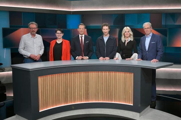 Eckart von Hirschhausen, Clara Schlagowski, Hendrik Streeck, Louis Klamroth, Patrice Aminati und Andreas Gassen in der ARD-Talkshow hart aber fair im Studio Adlershof. Berlin, 05.04.2026