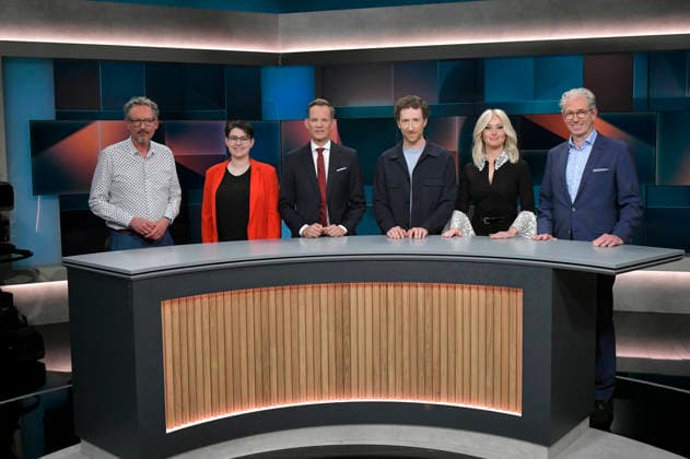 Eckart von Hirschhausen, Clara Schlagowski, Hendrik Streeck, Louis Klamroth, Patrice Aminati und Andreas Gassen in der ARD-Talkshow hart aber fair im Studio Adlershof. Berlin, 05.04.2026
