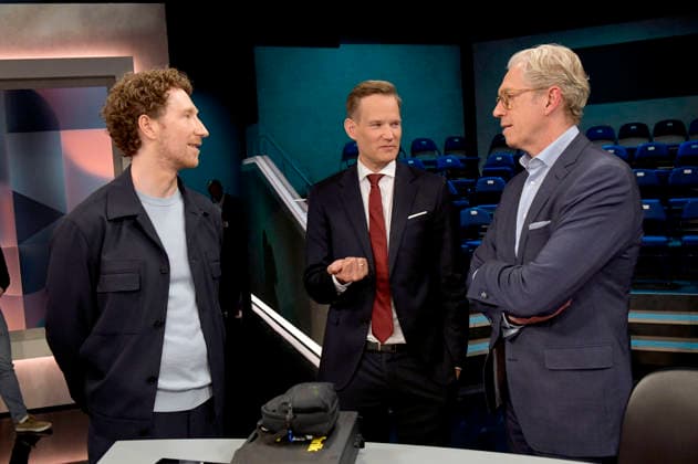 Louis Klamroth, Hendrik Streeck und Andreas Gassen in der ARD-Talkshow hart aber fair im Studio Adlershof. Berlin, 05.04.2026