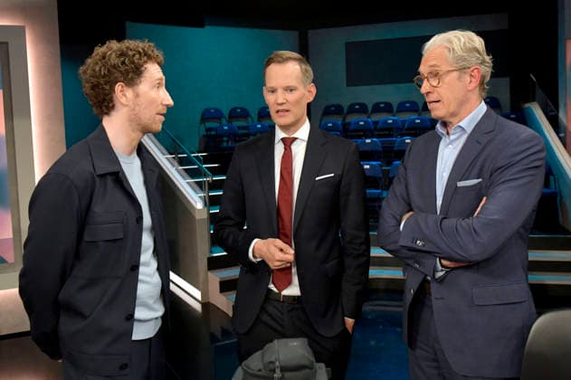 Louis Klamroth, Hendrik Streeck und Andreas Gassen in der ARD-Talkshow hart aber fair im Studio Adlershof. Berlin, 05.04.2026