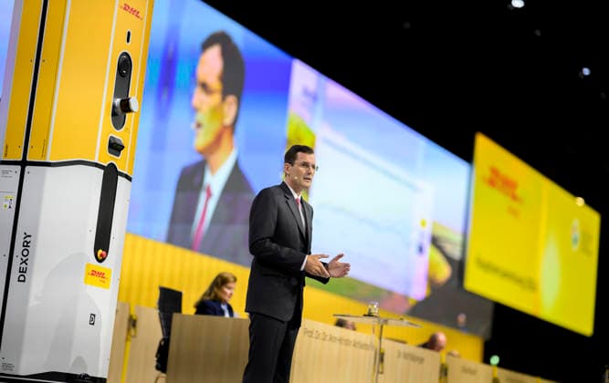 Tobias Meyer (CEO, Vorstandsvorsitzender) bei seiner Rede. Ordentliche Hauptversammlung der Deutsche Post AG, am 05.05.2026 in Bonn Deutschland. @ World Conference Center