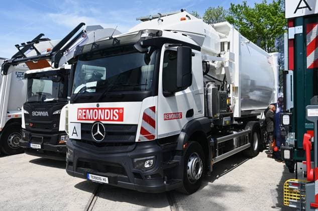 Die IFAT Munich 2026 ist die weltweit führende Fachmesse für Wasser-, Abwasser-, Abfall- und Rohstoffwirtschaft. Die Messe findet alle zwei Jahre auf dem Messegelände in München - Riem statt. Foto: Mercedes Müll-LKW mit Terberg-Aufbau von der Remondis SE und Co.KG