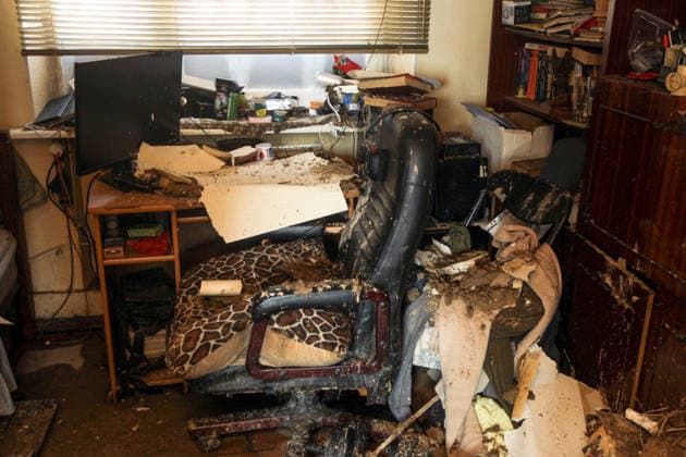 A computer and a chair are covered in debris in a house damaged by a Russian drone strike, Dnipro, Ukraine, May 5, 2026. As a result of the attack, one person was injured. Three private houses and a critical infrastructure facility were also damaged in the city. (Photo by Mykola Miakshykov Ukrinform) Russian drone strike hits residential area in Dnipro  Copyright: xMykolaxMiakshykovx