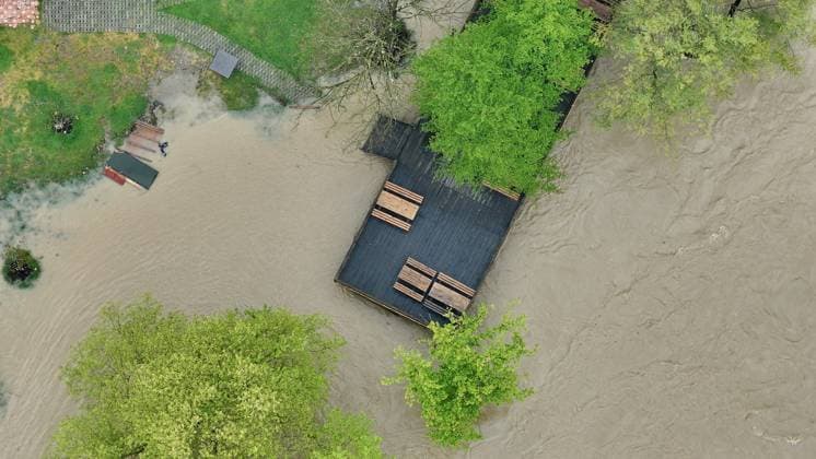 Flooding hits northwestern Turkiye after days of heavy rain DUZCE, TURKIYE - MAY 05: An aerial view shows flooded agricultural land and businesses after heavy rainfall caused the Melen River to overflow in Cumayeri, Duzce, Turkiye, on May 05, 2026. Intermittent downpours lasting four days led to flooding in the Dokuzdegirmen area, affecting farmland and local enterprises. Omer Urer Anadolu Duzce Turkey. Editorial use only. Please get in touch for any other usage.  Copyright: x2026xAnadoluxOmerxUrerx