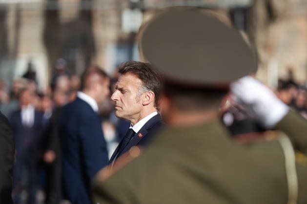 ARMENIA, GYUMRI - MAY 5, 2026: Emmanuel Macron, President of France, attends a ceremony to lay flowers at the memorial to the 1988 Spitak earthquake titled For the Innocent Victims, For the Merciful Hearts and situated in Vardanants Square. Alexander Patrin TASS  92080909