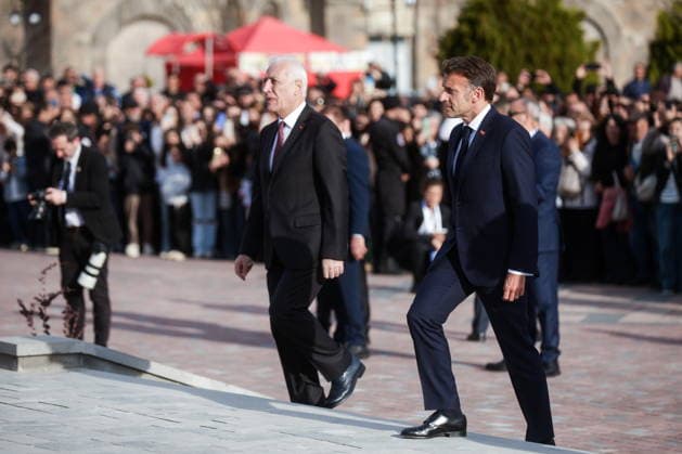 ARMENIA, GYUMRI - MAY 5, 2026: Emmanuel Macron, President of France, and his counterpart Vahagn Khachaturyan (R-L) of Armenia attend a ceremony to lay flowers at the memorial to the 1988 Spitak earthquake titled For the Innocent Victims, For the Merciful Hearts and situated in Vardanants Square. Alexander Patrin TASS  92081067