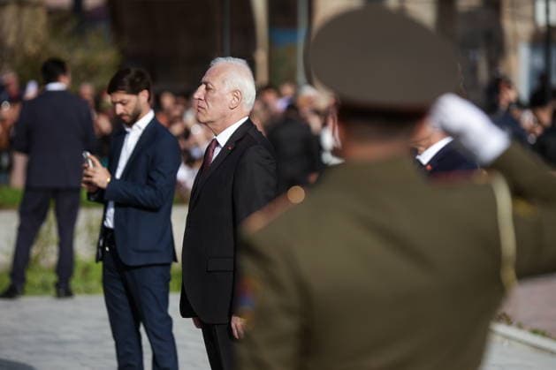 ARMENIA, GYUMRI - MAY 5, 2026: Vahagn Khachaturyan, President of Armenia, attends a ceremony to lay flowers at the memorial to the 1988 Spitak earthquake titled For the Innocent Victims, For the Merciful Hearts and situated in Vardanants Square. Alexander Patrin TASS  92081092
