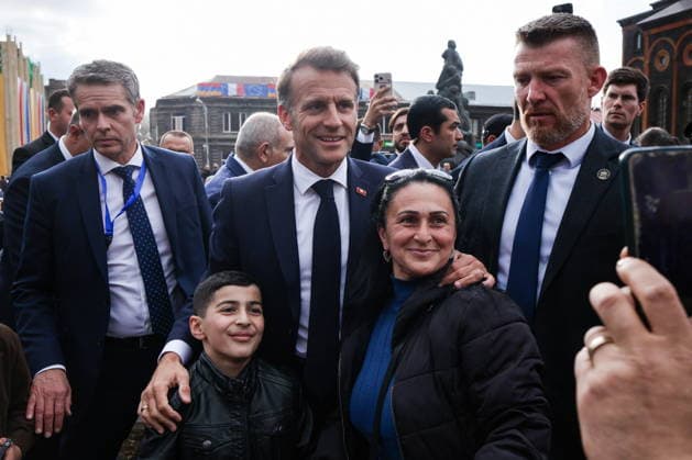 ARMENIA, GYUMRI - MAY 5, 2026: Emmanuel Macron, President of France, arrives for a ceremony to lay flowers at the memorial to the 1988 Spitak earthquake titled For the Innocent Victims, For the Merciful Hearts and situated in Vardanants Square Gyumri Armenia  - ZUMAt113 20260505_zaa_t113_285 Copyright: xAlexanderxPatrinx