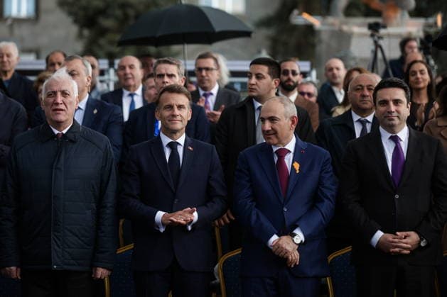 ARMENIA, GYUMRI - MAY 5, 2026: Vahagn Khachaturyan, President of Armenia, his counterpart Emmanuel Macron of France, Prime Minister Nikol Pashinyan, and National Assembly Speaker Alen Simonyan (L-R) emerge ahead of a concert titled Musical Bridge: Armenia - France and held in Vardanants Square to mark friendship between the two countries Gyumri Armenia  - ZUMAt113 20260505_zaa_t113_313 Copyright: xAlexanderxPatrinx