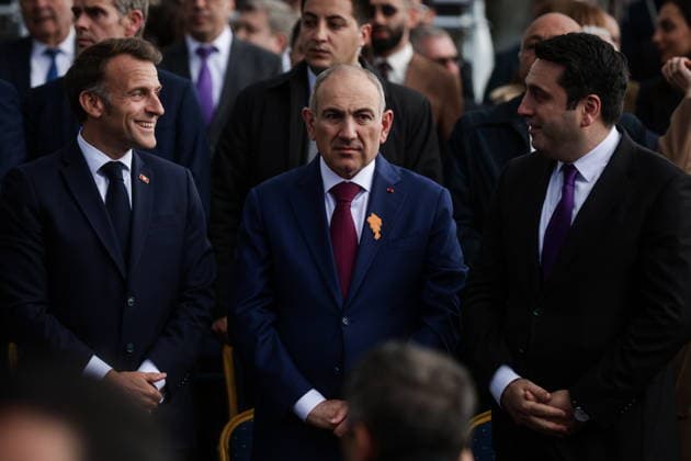 ARMENIA, GYUMRI - MAY 5, 2026: Emmanuel Macron, President of France, Nikol Pashinyan, Prime Minister of Armenia, and National Assembly Speaker Alen Simonyan (L-R) emerge ahead of a concert titled Musical Bridge: Armenia - France and held in Vardanants Square to mark friendship between the two countries Gyumri Armenia  - ZUMAt113 20260505_zaa_t113_312 Copyright: xAlexanderxPatrinx