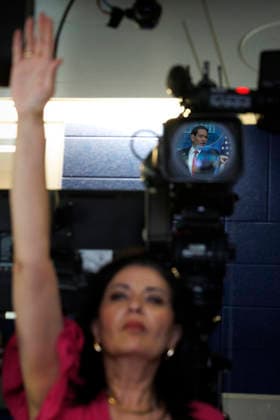 Reflected against a television camera lens, U.S. Secretary of State Marco Rubio calls on a reporter during a White House Press Briefing inside the James S. Brady Briefing Room at The White House in Washington, DC on Tuesday, May 5, 2026.  WASP20260505133 TomxBrenner