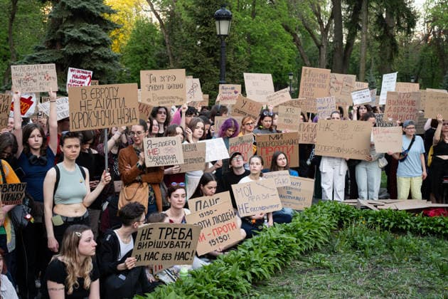 Ukrainians protest against the project of the civil code KYIV, UKRAINE - MAY 05: Ukrainians attend a rally holding banners and placards to protest against the project of the civil code (law project no. 15150) in Kyiv, Ukraine on May 05, 2026. Danylo Antoniuk Anadolu Kyiv Ukraine. Editorial use only. Please get in touch for any other usage.  Copyright: x2026xAnadoluxDanyloxAntoniukx