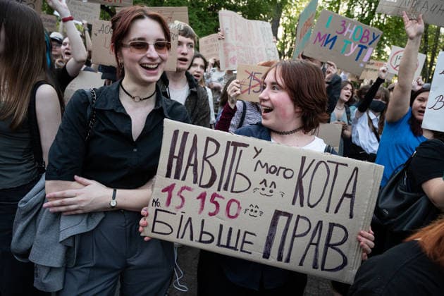 Ukrainians protest against the project of the civil code KYIV, UKRAINE - MAY 05: Ukrainians attend a rally holding banners and placards to protest against the project of the civil code (law project no. 15150) in Kyiv, Ukraine on May 05, 2026. Danylo Antoniuk Anadolu Kyiv Ukraine. Editorial use only. Please get in touch for any other usage.  Copyright: x2026xAnadoluxDanyloxAntoniukx