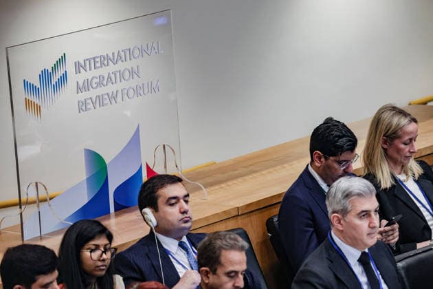 May 5, 2026, New York, New York, USA: Delegates sit below signage for the International Migration Review Forum during the second day of the Second International Migration Review Forum (IMRF) at UNHQ. New York USA - ZUMAo116 20260505_znp_o116_053 Copyright: xBiancaxOterox