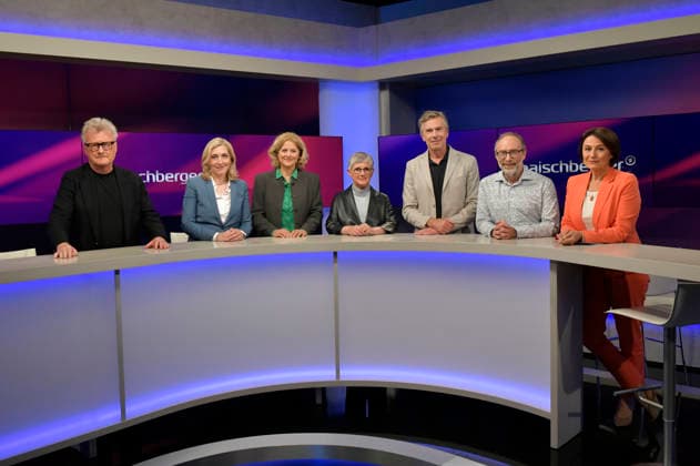 Hans-Ulrich Jörges, Nina Warken, Kristina Dunz, Britta Haßelmann, Dirk Steffens, Jimmy Wales und Sandra Maischberger in der ARD-Talkshow maischberger im Studio Berlin Adlershof. Berlin, 05.05.2026