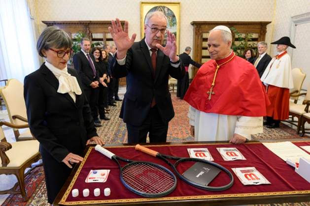 ITALY- REL VATICAN -POPE LEO XVI MEETS WITH HIS EXCELLENCY MR.GUY PARMELIN PRESIDENT OF THE SWISS CONFEDERATION May 6, 2026 ITALY REL - Vatican, May 6, 2026 Pope Leo XIV meets with His Excellency Mr. Guy Parmelin, President of the Swiss Confederation, who will attend the swearing-in ceremony for the new recruits of the Pontifical Swiss Guard at the Vatican EDITORIAL USE ONLY - NO BOOKS Copyright: xVATICANxMEDIAx xCatholicxPressxPhotox