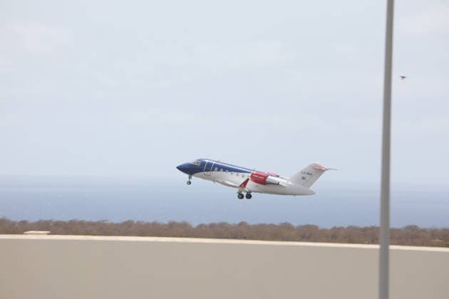 (260506) -- PRAIA, May 6, 2026 -- An aircraft involved in the evacuation of passengers suspected of hantavirus infection takes off from Nelson Mandela International Airport in Praia, Cabo Verde, on May 6, 2026. Cabo Verde on Wednesday carried out an air evacuation of three passengers suspected of hantavirus infection from the Dutch cruise ship MV Hondius, which had been anchored off the capital, Praia. The evacuation was conducted under strict security and health protocols, with personnel from the national police and public health services deployed from the Port of Praia to Nelson Mandela International Airport on Santiago Island. The three passengers were transferred by air ambulance, with the two aircraft departing at 10:55 a.m. l 
