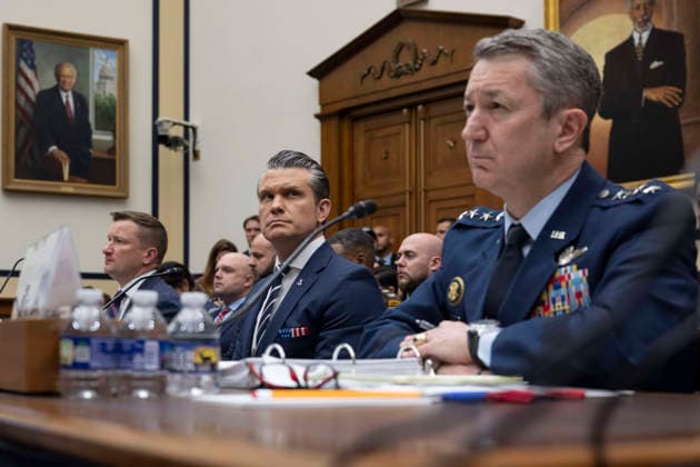 May 6, 2026, Washington, Dc, United States of America: Sitting from left: Pentagon Chief Financial Officer Jules Hurst III, U.S Defense Secretary Pete Hegseth and Chairman of the Joint Chiefs Gen. Dan Caine listen to a question during testimony before the Senate Armed Services Committee on Capitol Hill, April 30, 2026 in Washington, D.C. Washington United States of America - ZUMAp138 20260506_zaa_p138_031 Copyright: xSsgt.xMadelynxKeech Dodx