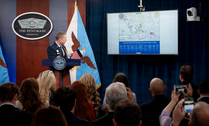 May 6, 2026, Washington, Dc, United States of America: U.S. Chairman of the Joint Chiefs Gen. Dan Caine, responds to a question during a press briefing to discuss the ceasefire and situation with Iran in Operation Epic Fury at the Pentagon, May 5, 2026, in Washington, D.C. Washington United States of America - ZUMAp138 20260506_zaa_p138_034 Copyright: xBenjaminxApplebaum Dodx