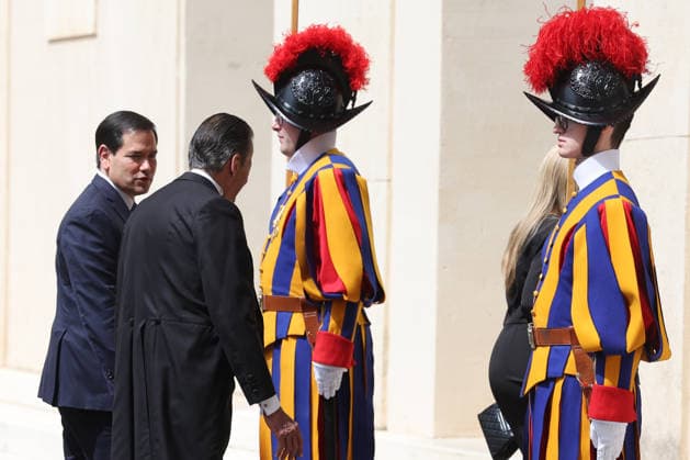 Vatican City, May 7, 2026: U.S. Secretary of State Marco Rubio and his wife, Jeanette Dousdebes Rubio, arrive in the San Damaso Courtyard, where they were received by Apostolic Nuncio Petar Rajic for an official meeting with Pope Leo XIV and Cardinal Pietro Parolin. The visit takes place in a particularly delicate diplomatic climate, following Donald Trump s recent statements against the Pontiff, which have attracted the attention of the international community and global media. The meeting thus takes on strong symbolic and institutional significance, focusing on the dialogue between the Holy See and the United States, geopolitical tensions, and the role of Vatican diplomacy in the contemporary landscape. Copyright: xmarcoxiacobuccix xipa-agency.netx xmarcoxiacobuccix IPA_Agency_IPA74485828